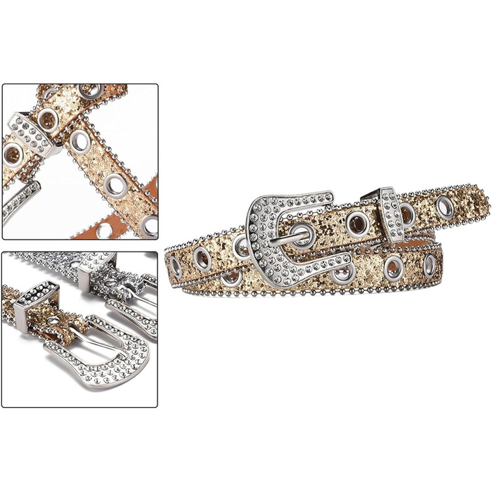 Жіночий пояс Fenteer з стразами, джинсовий, з пряжками, шкіряний, 3,5 см (Золотий, 2,4 см)