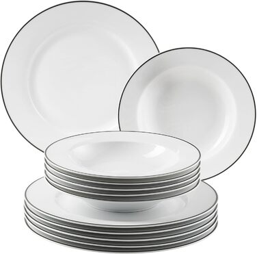 Mäser Nola: Сервіз для 6 осіб, 12 предметів, сучасний дизайн, білий з чорним обідком. Комплект тарілок (вечірній, суповий)