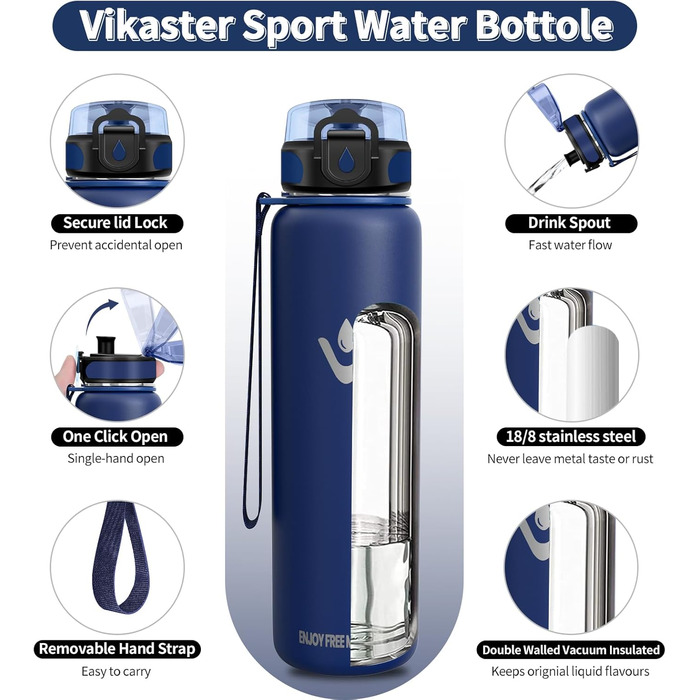 Термос-пляшка Vikaster 500 мл, нержавіюча сталь, без BPA, для спорту, подорожей та фітнесу (чорний & винно-червоний)