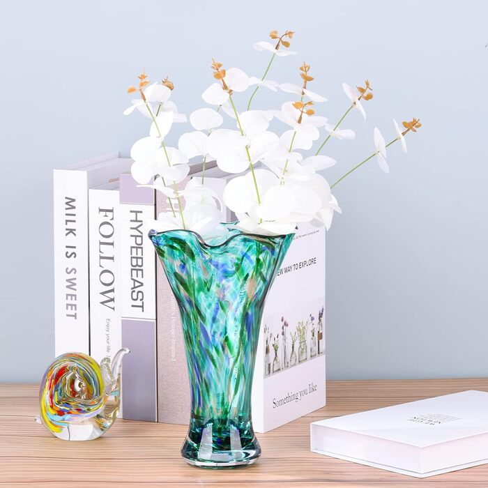 Скляна ваза для квітів, ручної роботи, зелена, для дому та декору, 22.9 см, відтінок блакитно-зелений 