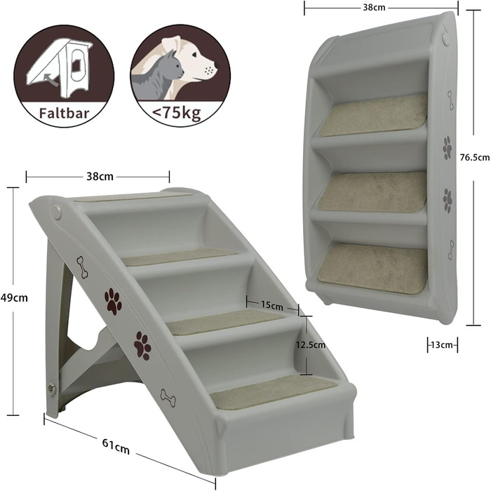 Froadp 49x38x61cm Folding Stairs for Dogs Made of Plastic, Folding Dog Steps with 4 Steps & Felt Mat, Non-Slip Cat Stairs, Bed, Balcony, Sofa, Portable Pet Stairs for Dogs and Cats (Grey)