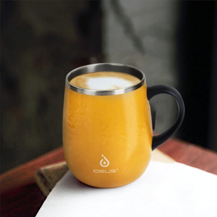 Кружка для кави та чаю Ideus 470 мл з подвійними стінками, з нержавіючої сталі, з нековзким ручним тримачем та кришкою-ковзаючою панеллю, великий об'єм (Трав'яний зелений) (Леопардовий жовтий)