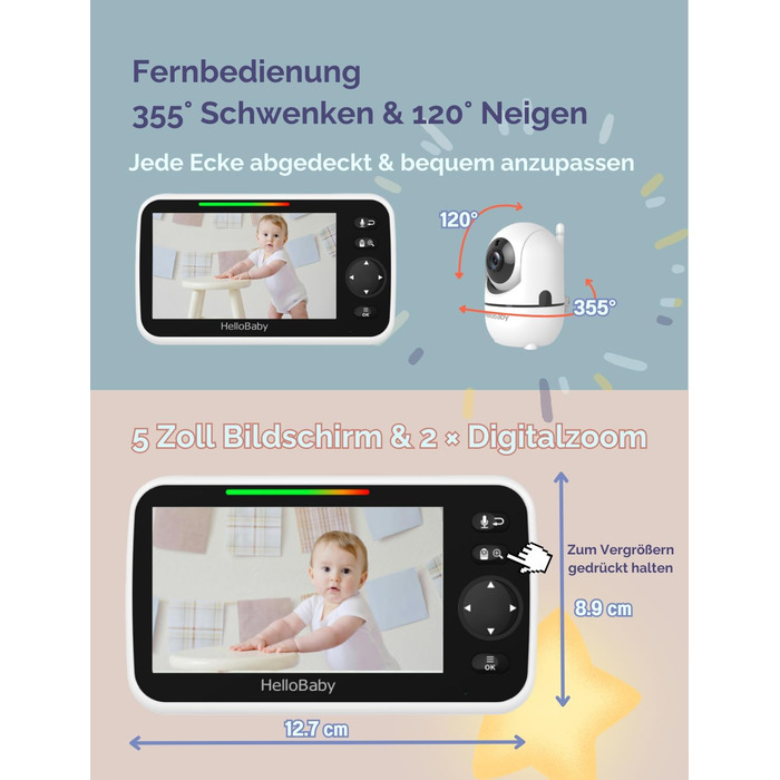Дитячий відеоняня HelloBaby HB6550 з камерою, акумулятор 3500 mAh, 5-дюймовий екран, поворот 355°/нахил 120°, 2-сторонній аудіо, датчик температури, 8 колискових, нічне бачення