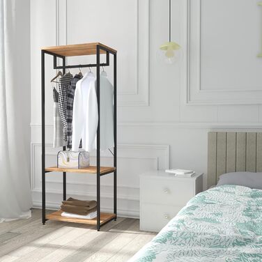 WOLTU Clothes Rack Hanging Shelf Clothes Rail with Shoe Shelf for Bedroom Wardrobe Stand, Metal and Wood, Black + Light Oak, approx. 60 x 40 x 167 cm