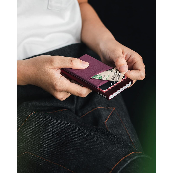 Чоловіче картхолдер VULKIT з RFID NFC захистом та відділенням для грошей - компактний картхолдер для 5-7 карток та банкнот (вишневий)