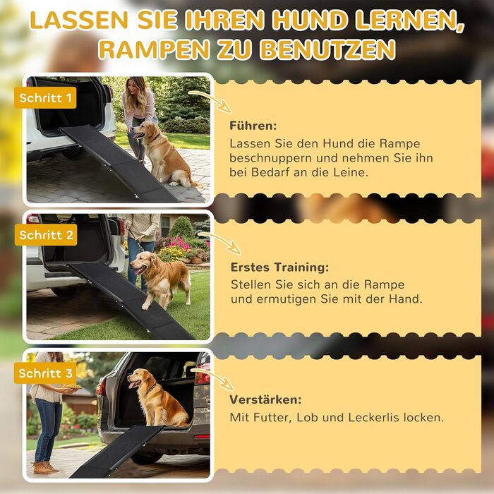 Рампа для собак PawHut - складана авторампа для домашніх тварин 158 см. Ідеально для великих собак до 40 кг, з антиковзким покриттям та ручкою. Підходить для LKW, SUV, високих ліжок. Чорний колір.