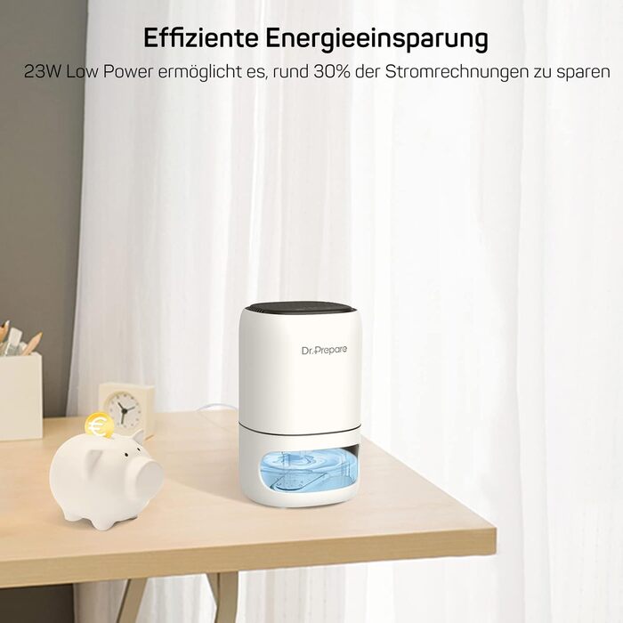 Dr. Prepare Electric Dehumidifier 1L, Quiet Dehumidifier, Portable Room Dehumidifier, Energy-Saving Dehumidifier, 30m² Against Humidity for Closet, Living Room, Bedroom, Office