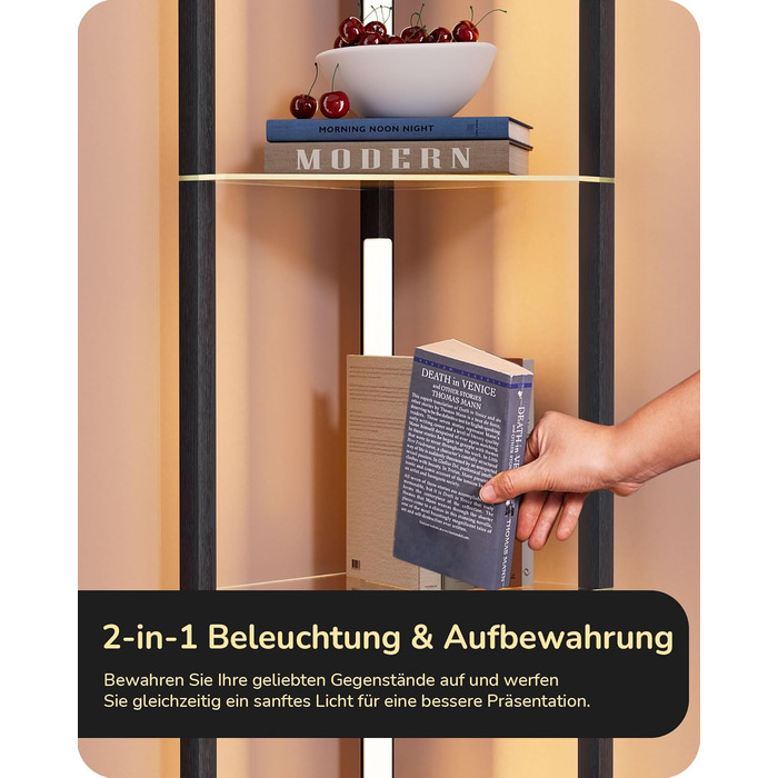 Стійка лампа EDISHINE з 4 полицями з дерева, LED диммер, 3 колірні температури, поворотний світловий маніпулятор, підсвічування полиць, футовий вимикач (чорний+скло)