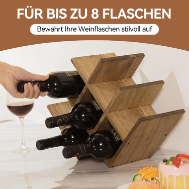 KIRIGEN Wooden 8-Bottle Wine Rack, 3-Tier Wooden Wine Display Rack, Stand and Countertop Wine Storage Rack, Bottle Holder & Glass Shelf for Cabinet. Yellow-Brown