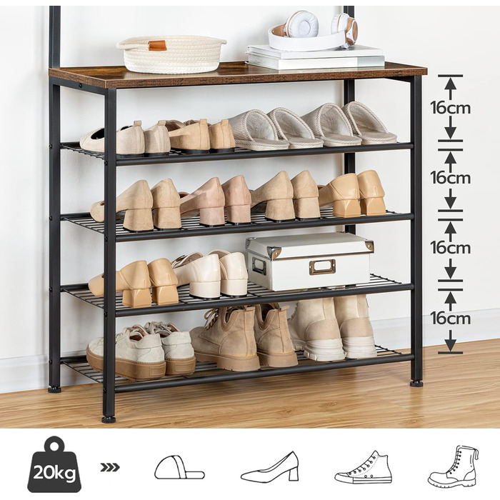 HOOBRO Coat Rack, Shoe Rack with Coat Rack, Clothes Rack with Shoe Storage, Shoe Cabinet with 5 Tiers, for Entryway, Dark Brown EBF80MT01G2