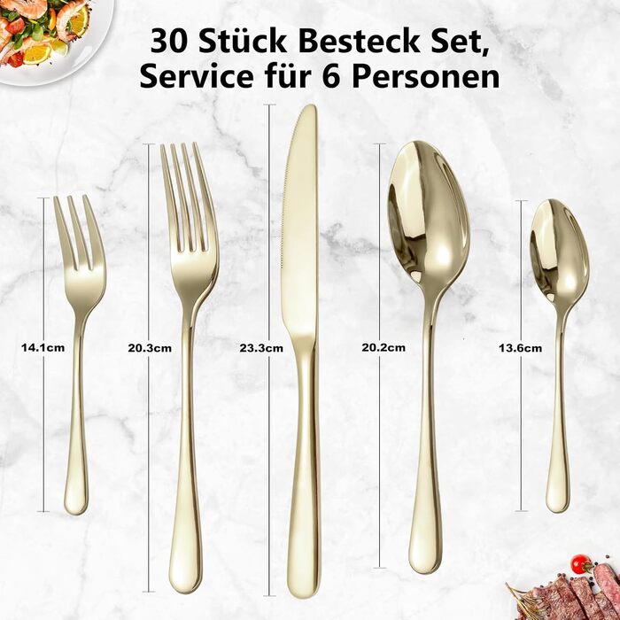 Cutlery Set for 6 People, 30-Piece Champagne Gold Cutlery Set, Shiny Knife, Fork, Spoon Set, High-Gloss Polished Cutlery Sets, Stainless Steel Table Cutlery for Kitchen/Dining/Party