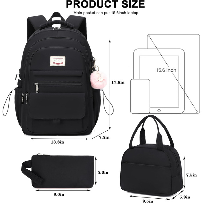 Шкільний рюкзак для підлітків, дівчаток, 3-в-1: рюкзак, ланчбокс, пенал (чорний)