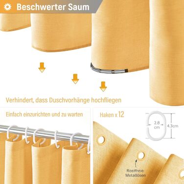 Шторка для душу BTTN, тканинна, 180x200 см, льонова текстура, антигрибкова, миється, з 12 гачками, сучасний дизайн, водовідштовхувальна, з обтяжувачем, для ванни, кремового кольору