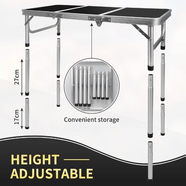 Складаний туристичний стіл CPROSP 90x40 см, чорний, регулювання висоти 26-70 см