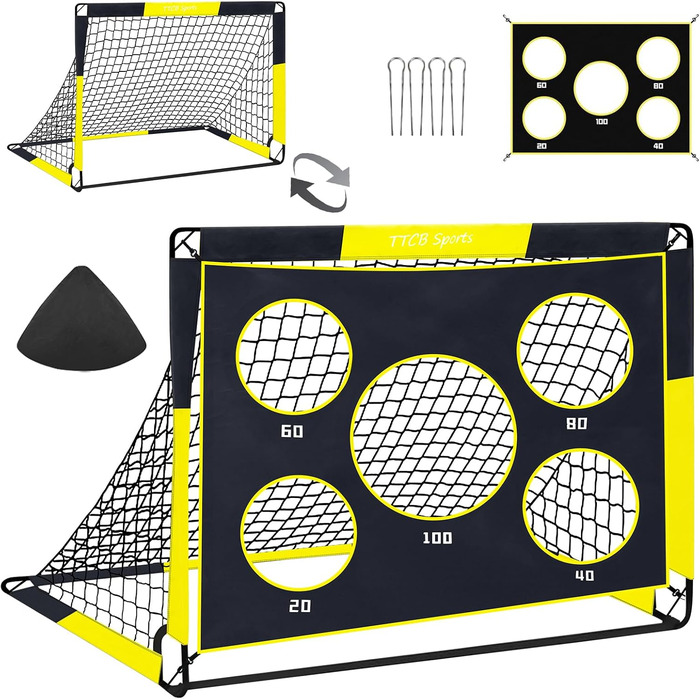 TTCB Sports 2-in-1 Kids Soccer Goal - Outdoor Football Goal with 5 Target Zones, Pop Up Soccer Goal Net & Carry Bag, Ideal for Football Training Equipment or Gifts for Boys (Yellow, 90x90x120cm)