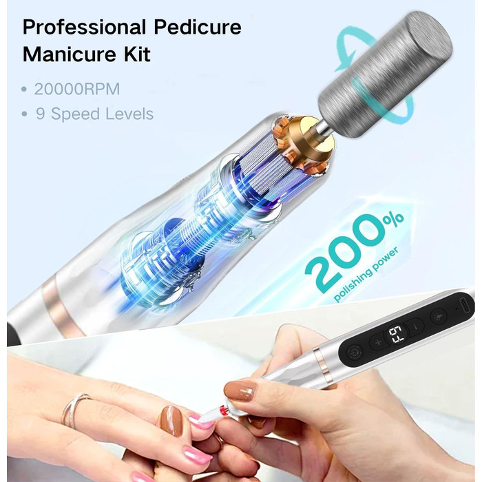 Портативний фрезер для нігтів бездротовий 12 в 1 Професійний електричний набір для манікюру та педикюру USB, перезаряжається, 9 швидкостей, 20000 об/хв, срібний