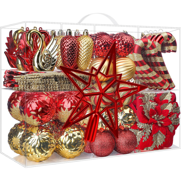 Набір прикрас на ялинку Alupssuc 128 шт. (кулі, квіти, орнаменти) - червоний та золотий, для свят, вечірок