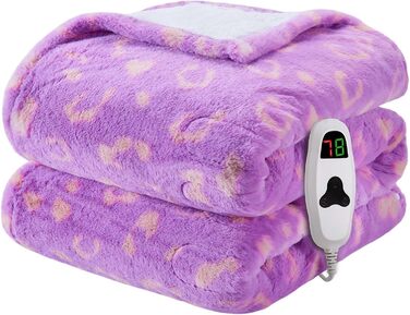 Електрична грілка з принтом корів, подвійний розмір 157x213 см, фіолетовий колір, 10 температурних режимів, таймер автоматичного вимкнення на 8 годин, флісова та шерпа-підкладка, тепла, подарунок для жінок