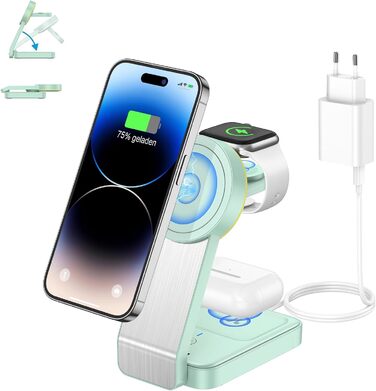 3-в-1 Станція Бездротової Зарядки з Індукцією для iPhone, Apple Watch та AirPods (Білий/Зелений)