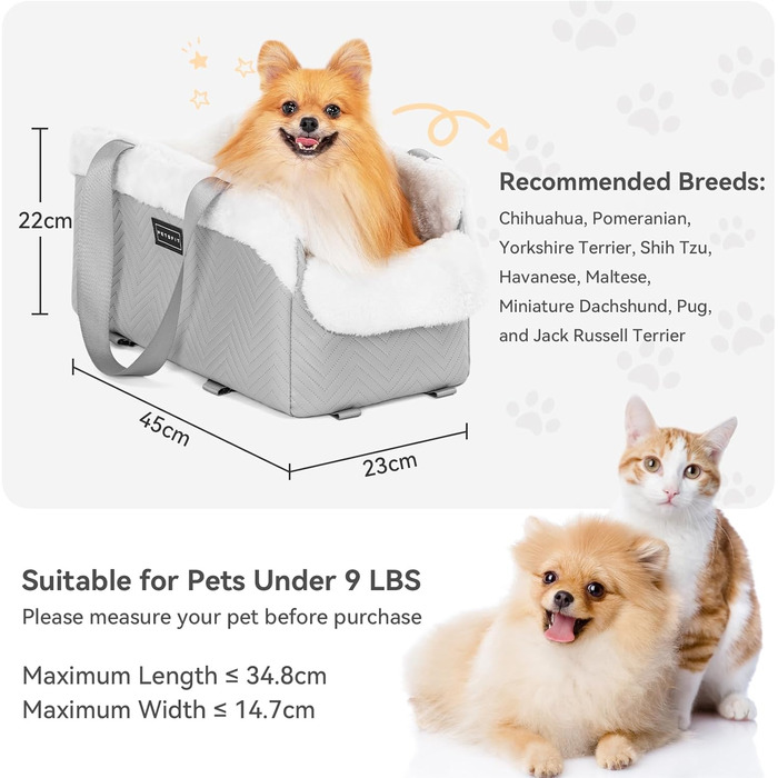 Автокрісло для собак PETS FITHunde Mittelkonsole, сірий та білий колір, до 5 кг, з безпечними ременями та знімним м'яким килимком