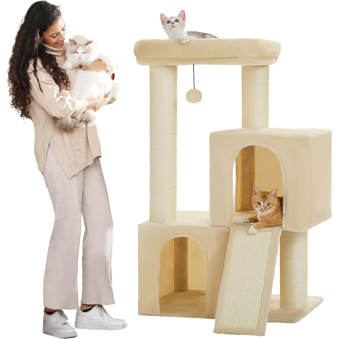 PETEPELA Scratching Post with Dual Condos for Apartment Cats, All-in-One Cat House with Padded Perch, Scratch Ramp and Posts, and Interchangeable Balls (Beige, L 113cm)