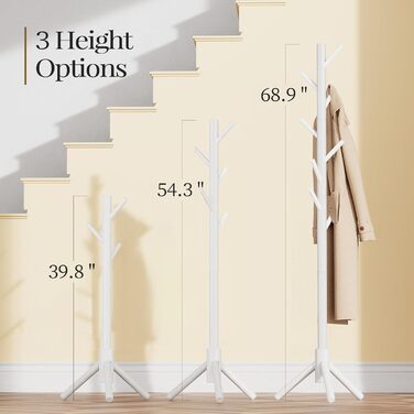 Freestanding Coat Rack with 3 Adjustable Heights & 8 Hooks, Sturdy Wooden Clothes Rack for Clothing, Hat, Used in Bedroom/Office/Entryway, White