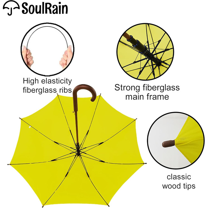 SoulRain Парасолька з класичною дерев'яною ручкою, автоматичне відкриття, вітростійка, прозора, незламна, 121.9 см (Жовта)
