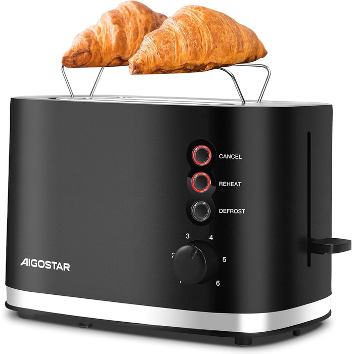 Тостер Aigostar Energy з 2 слотами для тостів, підставка для булочок, 6 рівнів підсмажування, функції відключення, розморожування та підігріву, знімний піддон для крихт, 800W, чорний