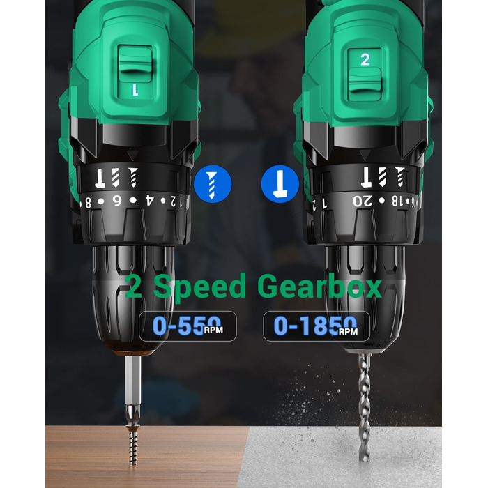 Акумуляторний шуруповерт BETENST 21V: 42Nm, 2.0Ah, 25+3 рівня крутного моменту, 2 швидкості, 10 мм патрон, LED, 30-ти елементний набір для дому, саду, DIY