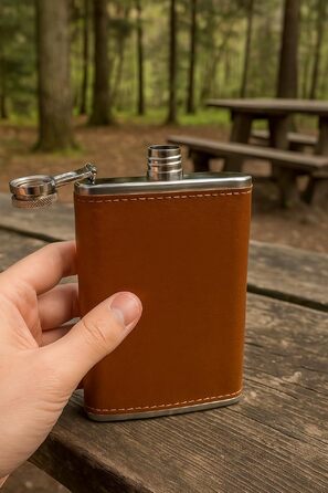 Фляга для алкоголю OUTDOORSAXX з нержавіючої сталі 240 мл в шкіряному чохлі з лійкою, коричнева