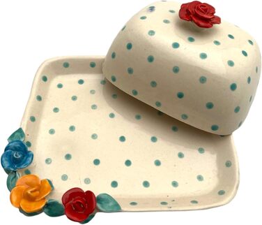 Ceramic butter dish with lid, colorful, hand-painted (dotted red rose)