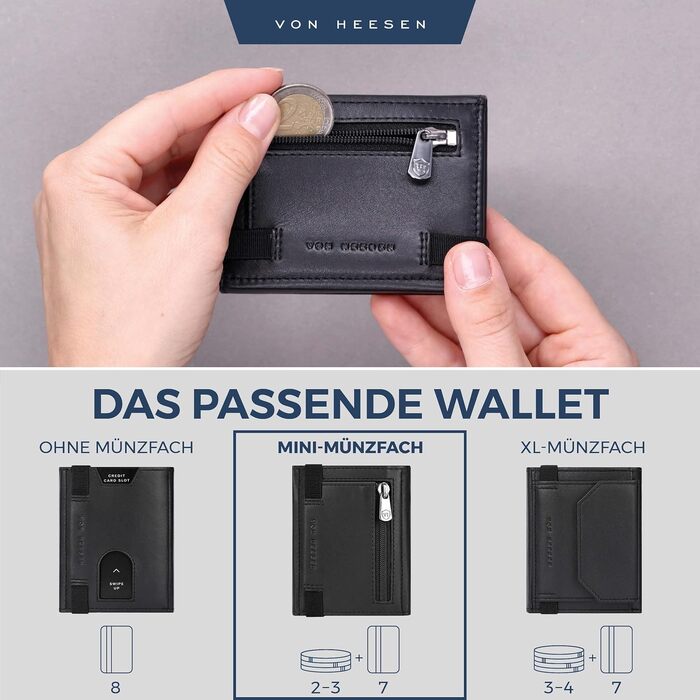 Шкіряний компактний гаманець VON HEESEN з RFID-захистом, міні-портмоне для чоловіків та жінок (чорний, гладка шкіра, з відділенням для монет)