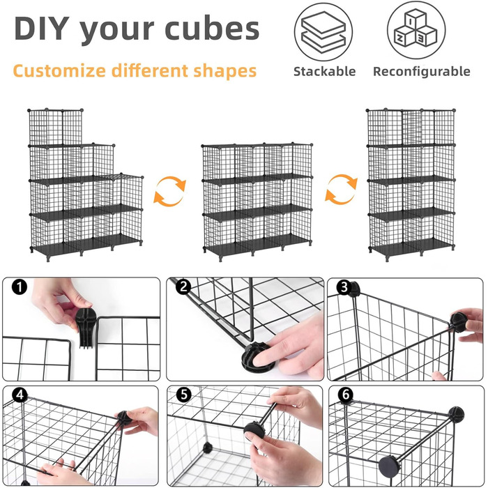AWTATOS Regal 12 Regal Wire Cube Stackable Shelf Cube DIY Metal Grid Shelf Cube Bookshelf Cube Shelf With Doors For Living Room, Bedroom, Bathroom USCIH12BE (Medium, Black)
