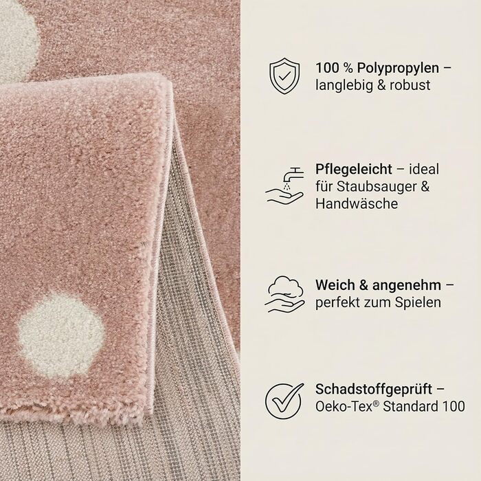 Дитячий килим Kinderteppich DOTS бежево-рожевий 80x150 см, Öko-Tex, для дівчаток, в дитячу кімнату