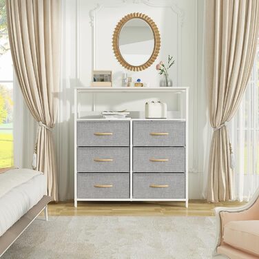 LYNCOHOME Chest of Drawers with Fabric Drawers, Sideboard Entryway Cabinet with 6 Fabric Drawers and Compartments, Drawer Organizer Furniture for Kitchen Office Bedroom (Snow Grey)