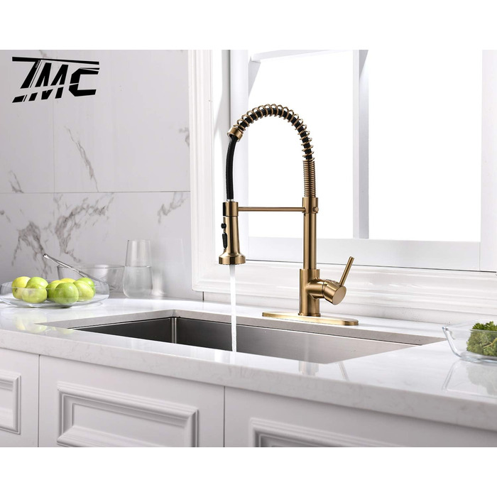 Змішувач для кухні з висувною лійкою, 360° обертання, щіткове золото, одноручний, для кухні