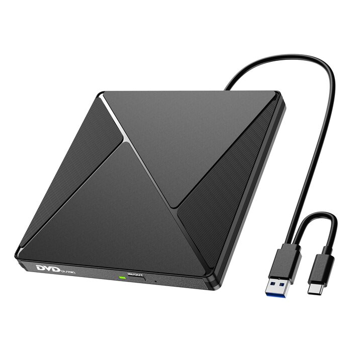 Зовнішній CD/DVD привід USB 3.0 та USB-C, оптичний накопичувач CD/DVD +/-RW ROM для ноутбука, ПК, MacBook, iMac (Windows, MacOS, Linux)