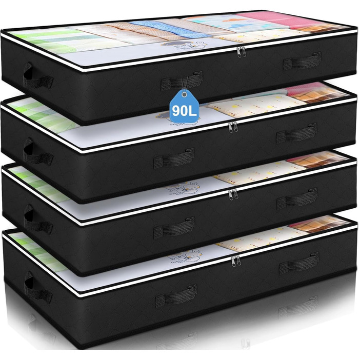 Комод-органайзер під ліжко Budding Joy (4 шт, чорний), 90л, з кришкою для одягу та постільної білизни