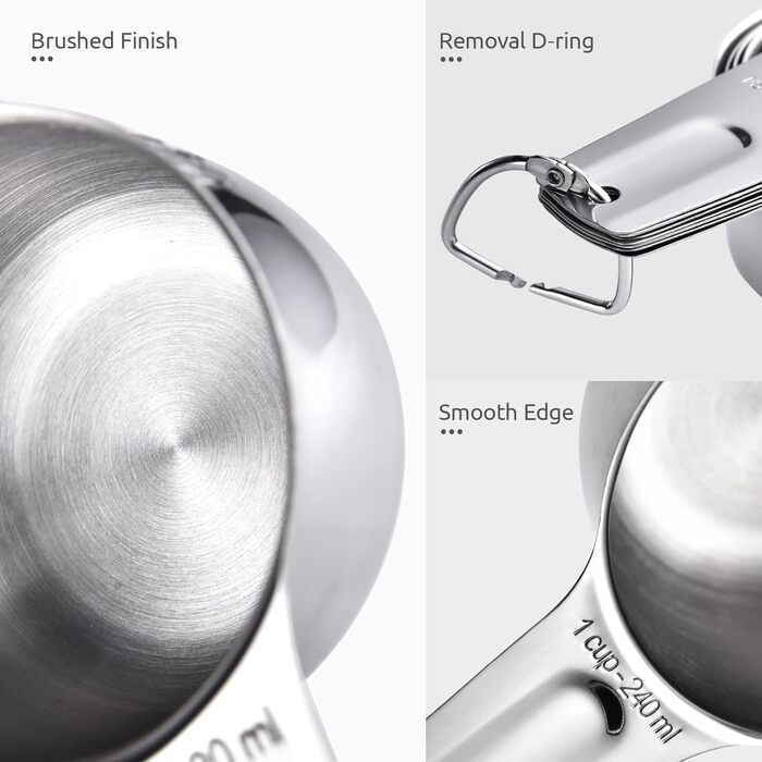 Uadme Measuring Spoon Measuring Cup Set, 7-Piece Stainless Steel Measuring Cup Set Stackable Measuring Spoons with D-Rings for Measuring Dry and Liquid Ingredients