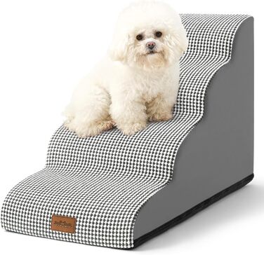 Dog Stairs for Small Dogs 50cm, Pet Stairs for Bed made of High-Density Sponge, Dog Stairs Dog Ramp with Washable Cover and Non-Slip Bottom, 40x72x50cm, 4 Steps, (White/Black, 4 Steps (40x72x50cm))