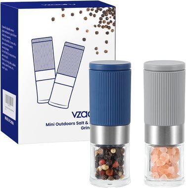 Набір міні-меленців для солі та перцю Vzaahu (2 шт.) з керамічним механізмом, кориця, регульована ступінь помелу, сірий та блакитний, портативні, багаторазові