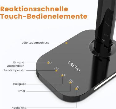 LED-лампа настільна LASTAR з USB-зарядкою, диммуванням, 5 режимами, таймером та нічним світлом