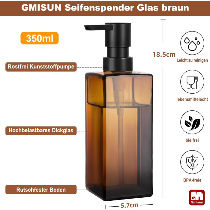 Диспенсер для мила GMISUN для ванної кімнати та кухні, 350 мл, чорний скляний, з піддоном та водонепроникними етикетками