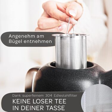 STEINZEIT Design Teapot (1.3L) with 304 Stainless Steel Infuser - Ceramic Teapot with Unique Glaze with Removable Strainer - Black