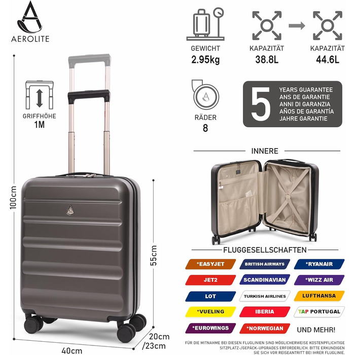 Ручний багаж Aerolite 55x40x20/23 см з 4 колесами (Anthrazit V2) – сумісний з Lufthansa, Eurowings, Condor, Wizz Air