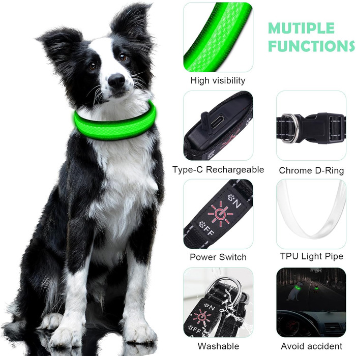 Світловідбиваючий нашийник для собак AUAUY з LED підсвіткою, USB-зарядка, водонепроникний, регульований, безпечний, 6 кольорів (-S), S(11.8-15.7'/30-40 cm) (Зелений)