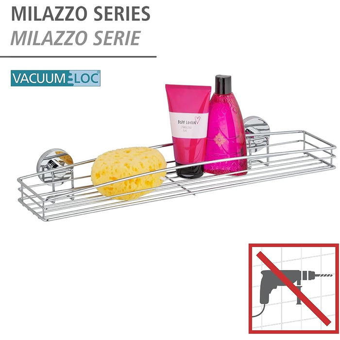 WENKO Vacuum-Loc Wand Maxiablage Milazzo, Bathroom Shelf in Wire Basket Design, Mounting without Drilling, Chrome-plated Metal, 51 x 8 x 15 cm