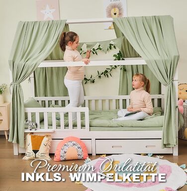 ALAVYA HOME® 3-Piece House Bed Decor Set with 2 Canopy Curtains | 1 Wimpelkette (300cm long) for Children's Bed, Kids' Room | 100% Organic Muslin Cotton | GOTS Certified | 125 x 350 cm | Khaki 125 x 350 cm Khaki