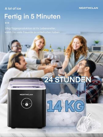 NORTHCLAN Ice Maker - 14kg Daily Production, 6-Minute Cycle, Quiet Operation, 2L Water Tank, 1.5kg Storage, Infrared Sensor, Black