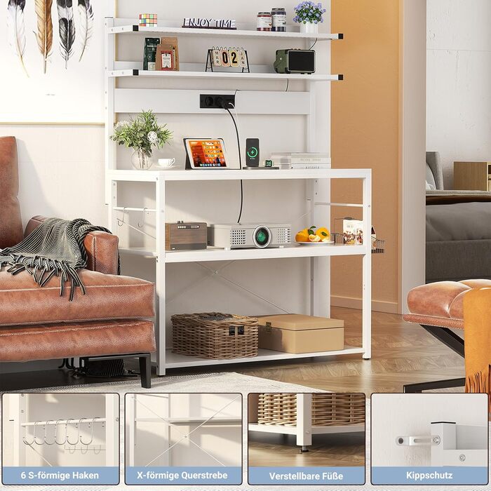 Кухонна полиця-стійка з розеткою, підставка для мікрохвильовки, 5-рівнева кавобара з LED-підсвічуванням, 80 см, білий колір